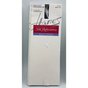 Hanes Silk Reflections Silky Sheer Knee Highs Reinforced Toe Classic Navy 2 Pair